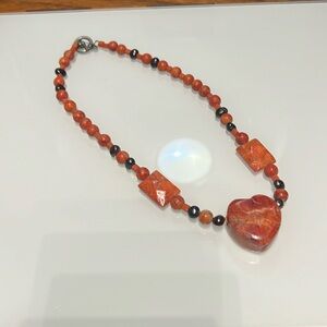 Vintage carved heart red stone Coral? Black pearl necklace 18 inches NFR RODEO
